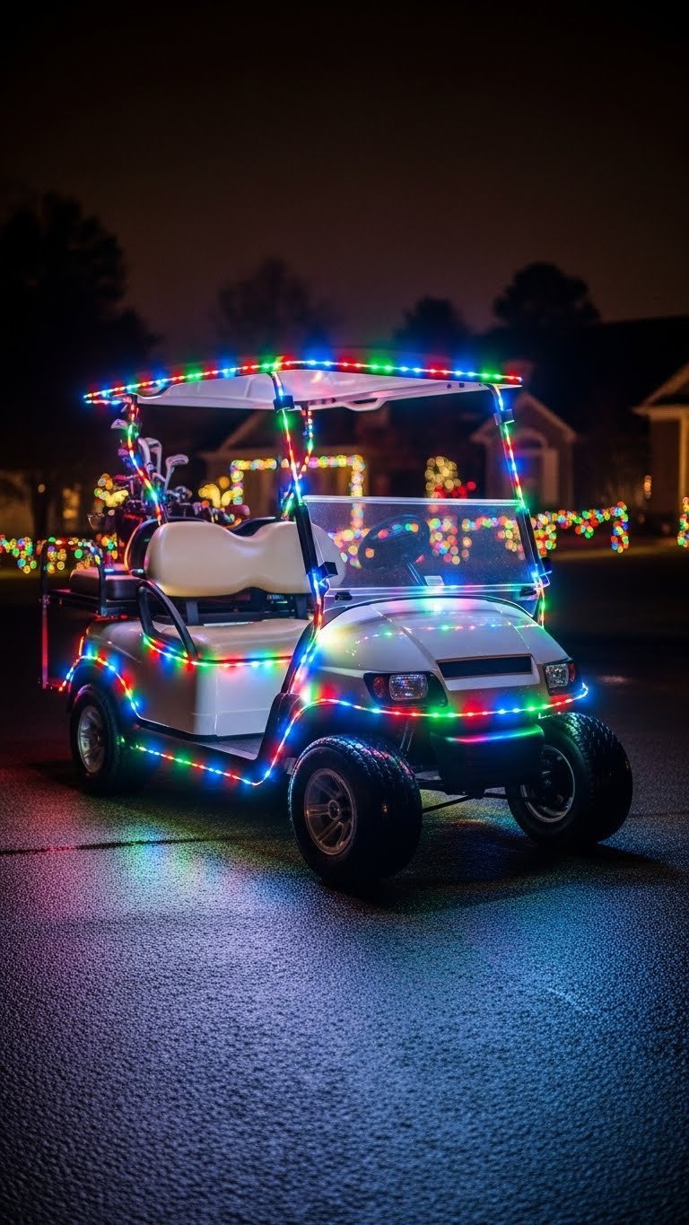 Golf Cart Glowing With Multi-Colored Led Strip Lights Outlining Chassis And Wheels Against Dark Festive Evening