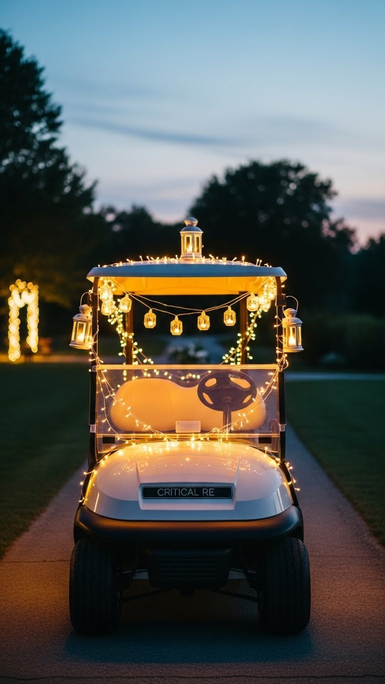 Golf Cart Glowing With Warm Led String Lights And Lanterns At Dusk Against Softly Blurred Garden Background