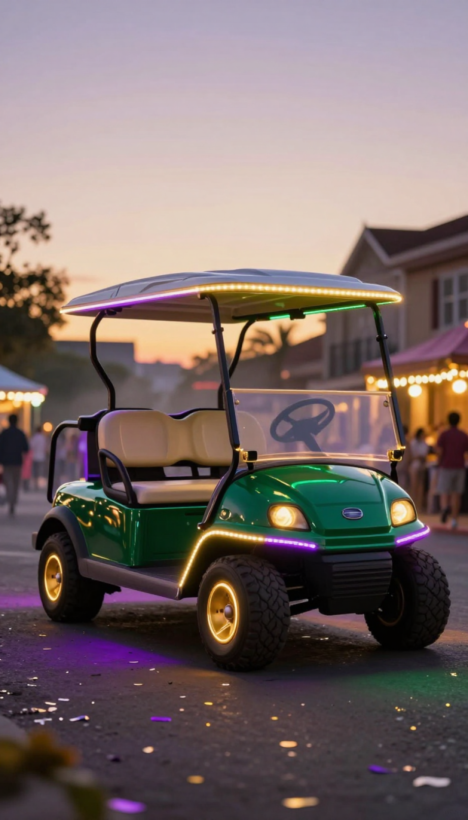 Golf Cart Illuminated By Purple, Green, And Gold Led Strip Lights Glowing At Dusk For Festive Evening Display.