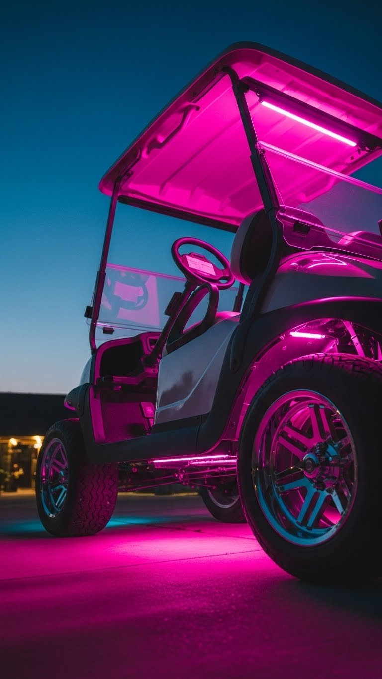 Golf Cart Illuminated By Vibrant Pink Led Underglow Lights At Dusk With Dramatic Low-Angle Shot