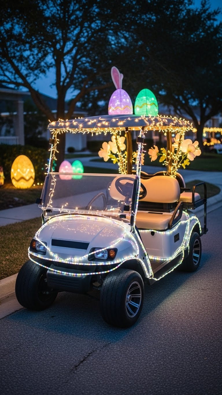 Golf Cart Illuminated With Fairy Lights And Led Strips Creating Magical Glow Against Dusky Twilight Background