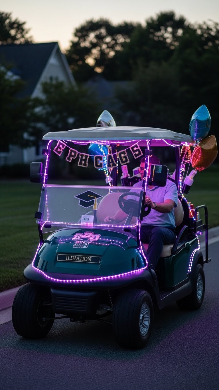 Golf Cart Illuminated With Festive Led String Lights Outlining Canopy And Rear Seat Pod At Dusk