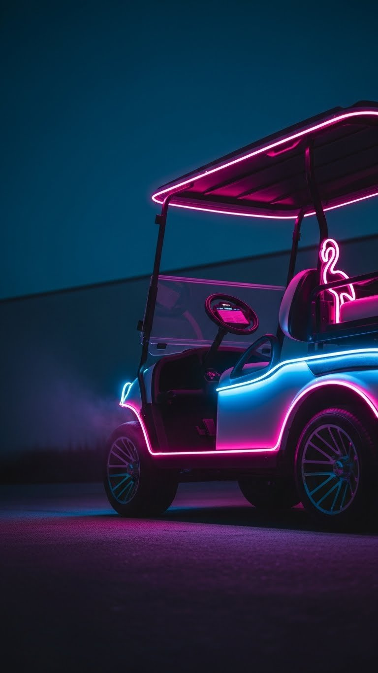 Golf Cart Illuminated With Glowing Pink And Blue Led Light Strips And Neon Flamingo Accent In Dark Evening Setting