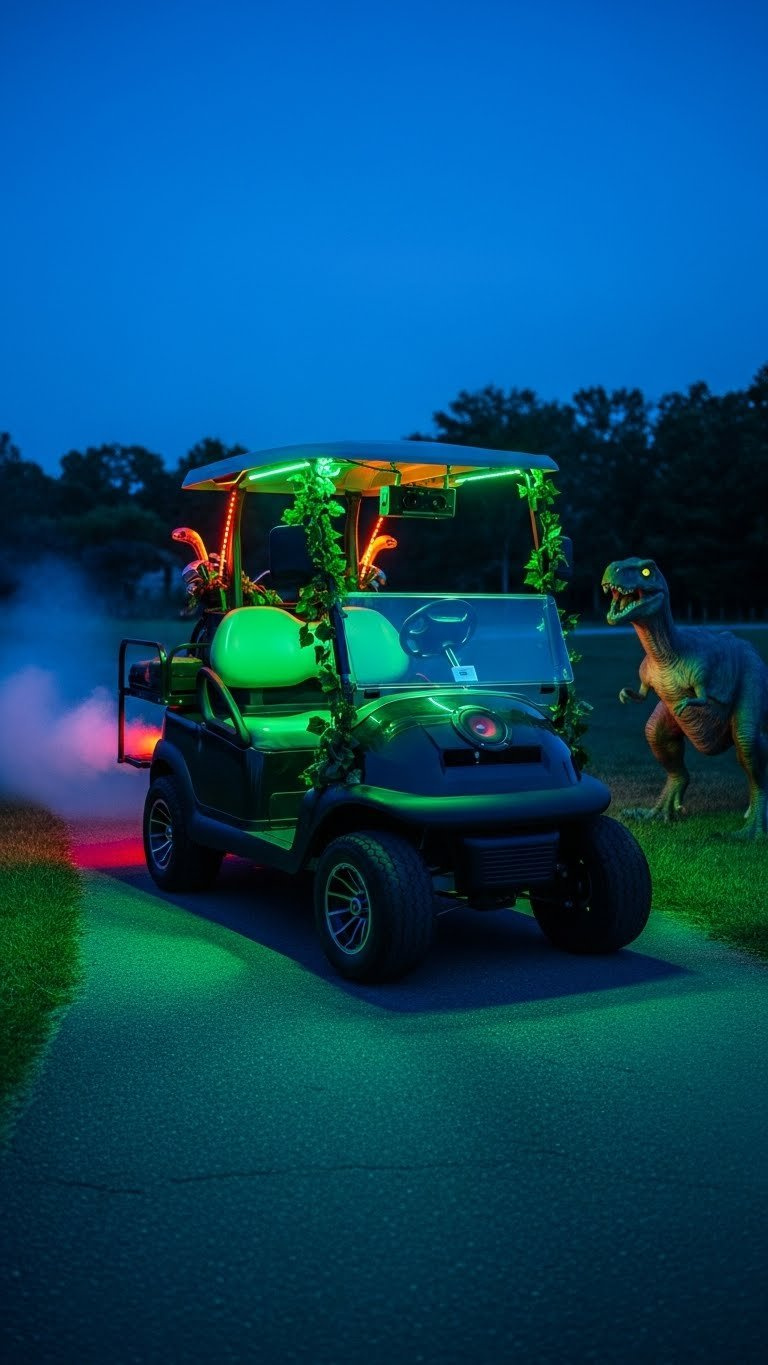 Golf Cart Illuminated With Green Led Strip Lights Creating Eerie Prehistoric Night Scene With Fog Effects.