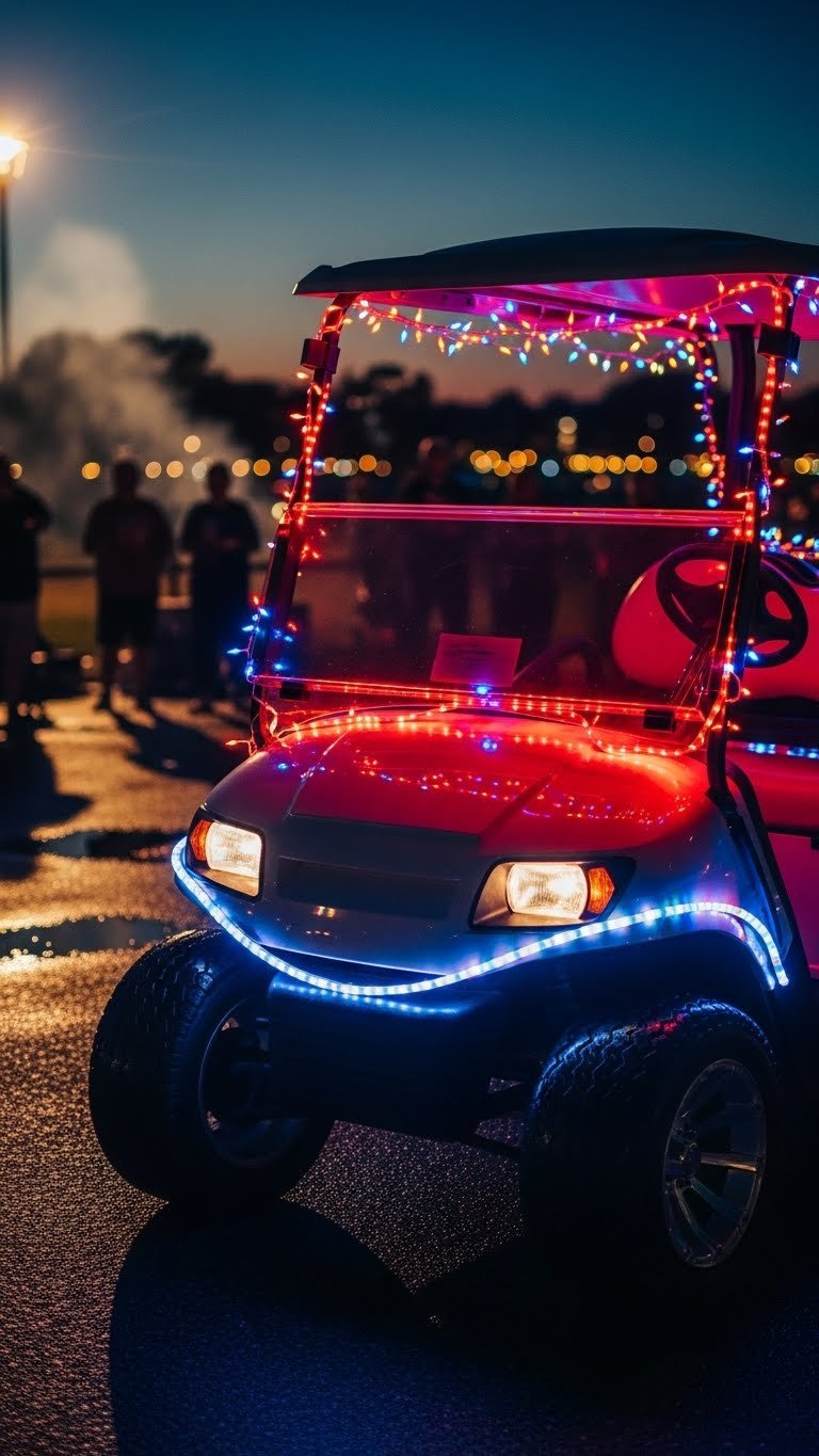 Golf Cart Illuminated With Red, White, And Blue Led Lights For Festive Nighttime Labor Day Parade