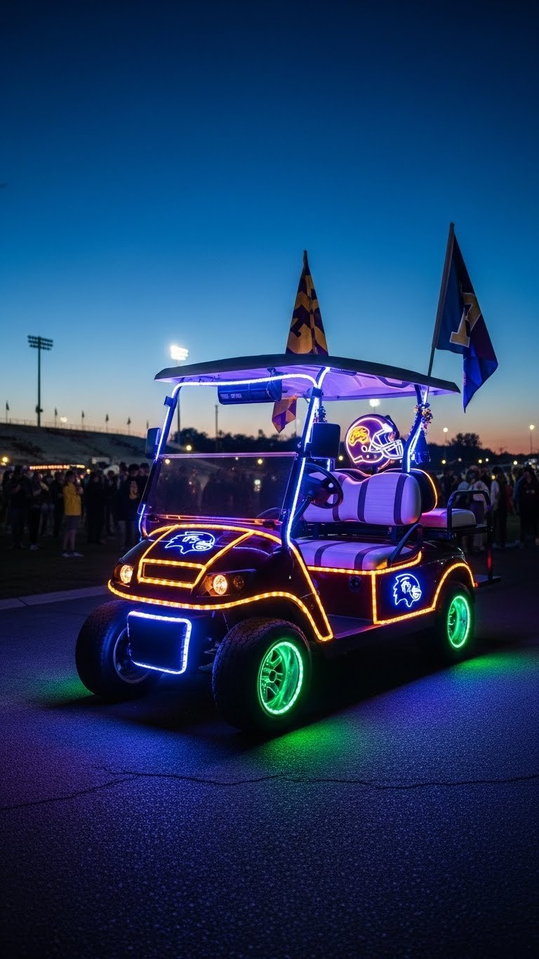 Golf Cart Illuminated With Vibrant Led Light Strips In Team Colors Creating Glowing Effect Against Night Sky Backdrop.