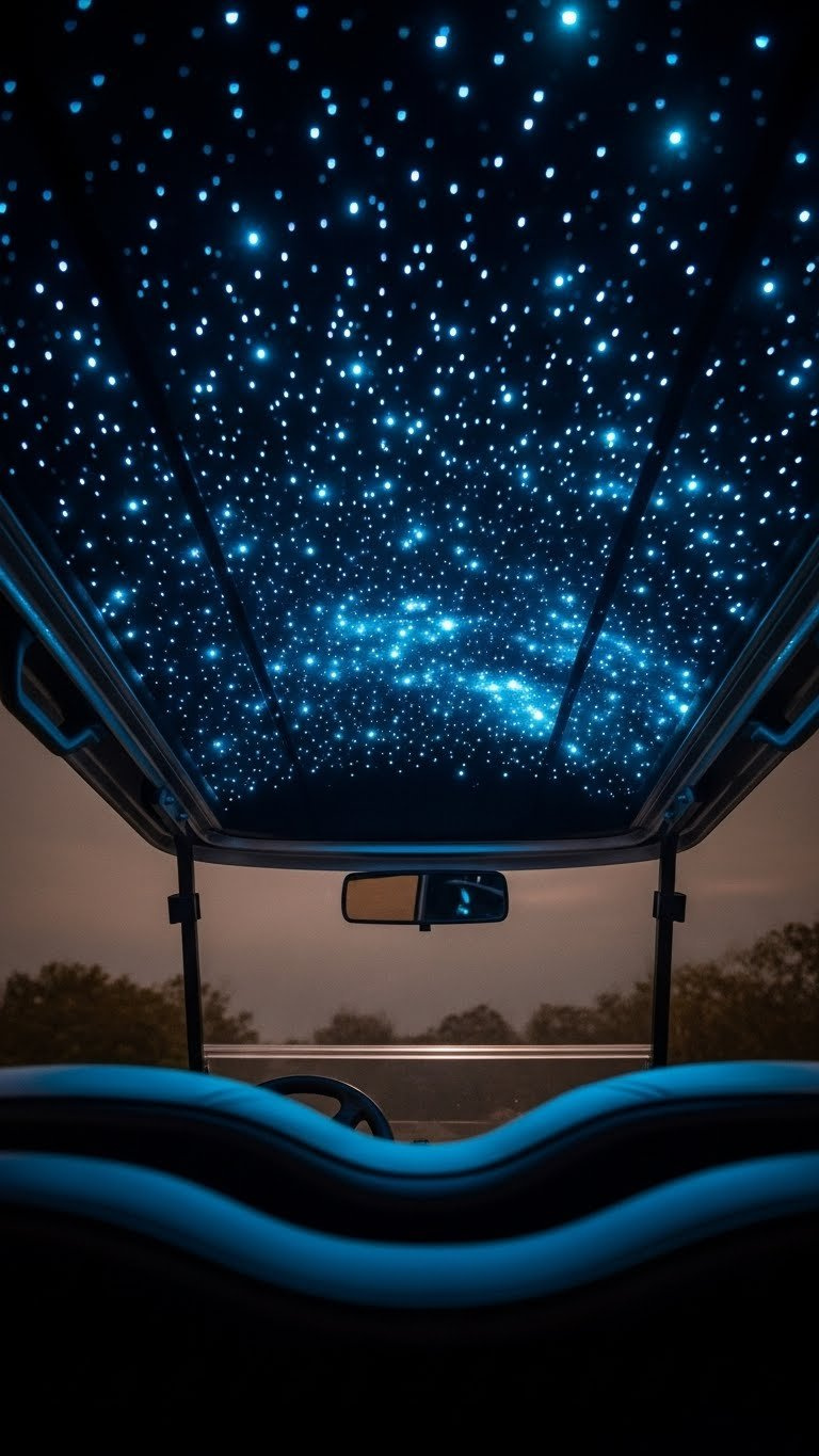 Golf Cart Interior Canopy Transformed Into Fiber Optic Starry Night Sky With Twinkling Lights