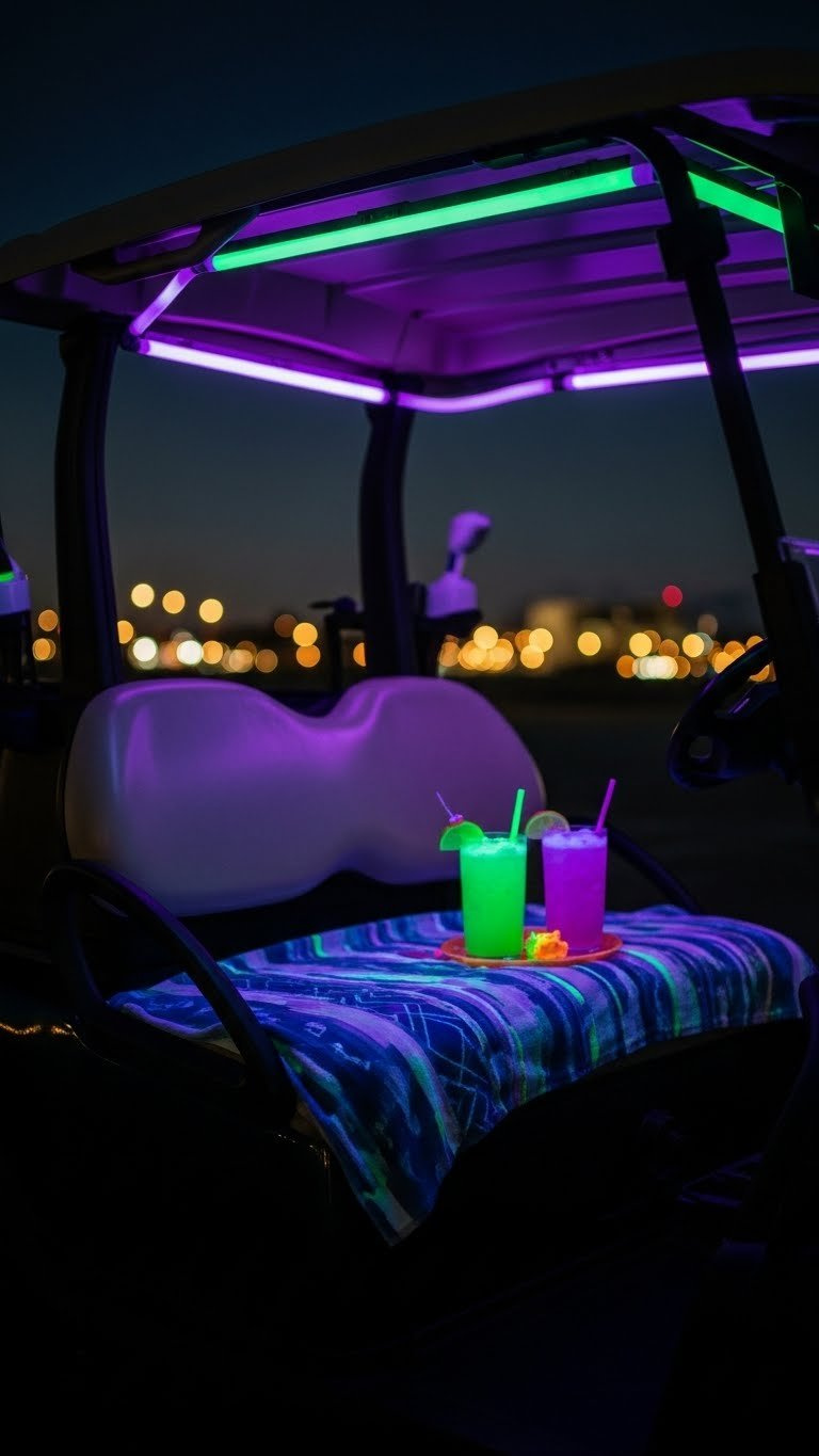 Golf Cart Interior Glowing Under Uv Blacklight With Fluorescent Purple And Green Accents At Night