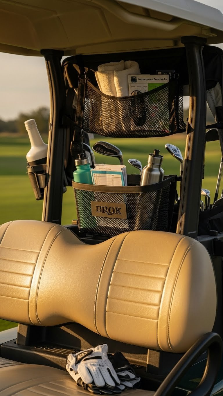 Golf Cart Interior Organization Accessories With Storage Nets And Baskets Holding Golf Equipment