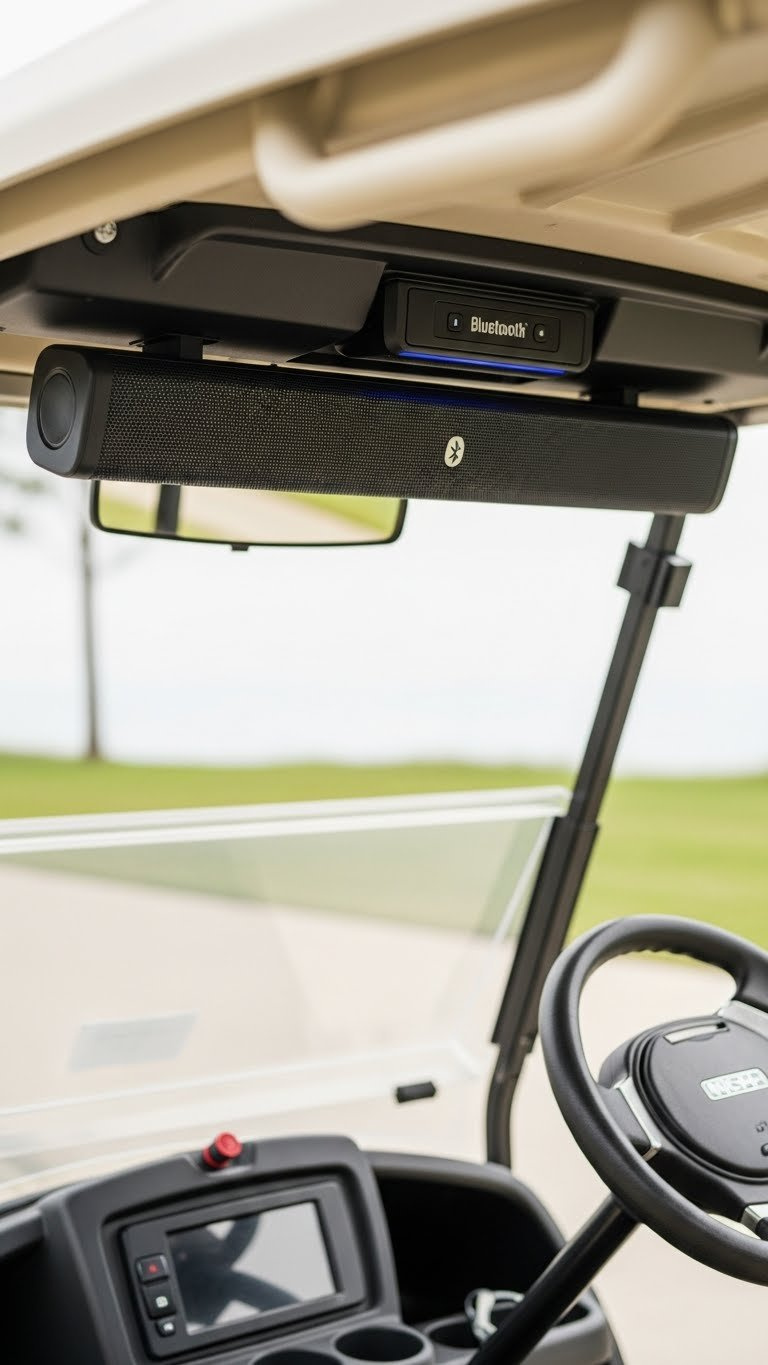 Golf Cart Interior Showcasing Bluetooth Soundbar Mounted Under Roof With Blue Led Glow And Tidy Dashboard.