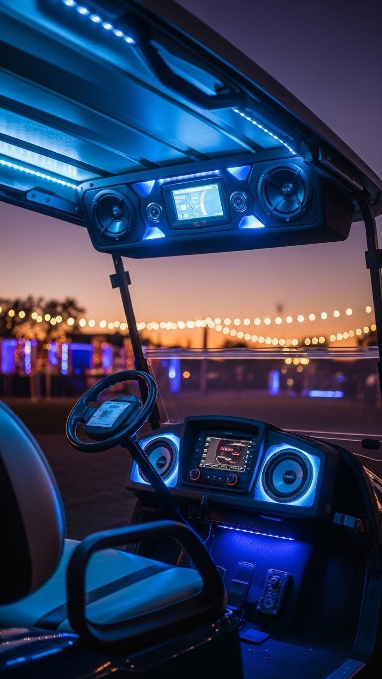 Golf Cart Interior With Led Underbody Lighting And Custom Speaker System Glowing At Dusk On Paved Event Space