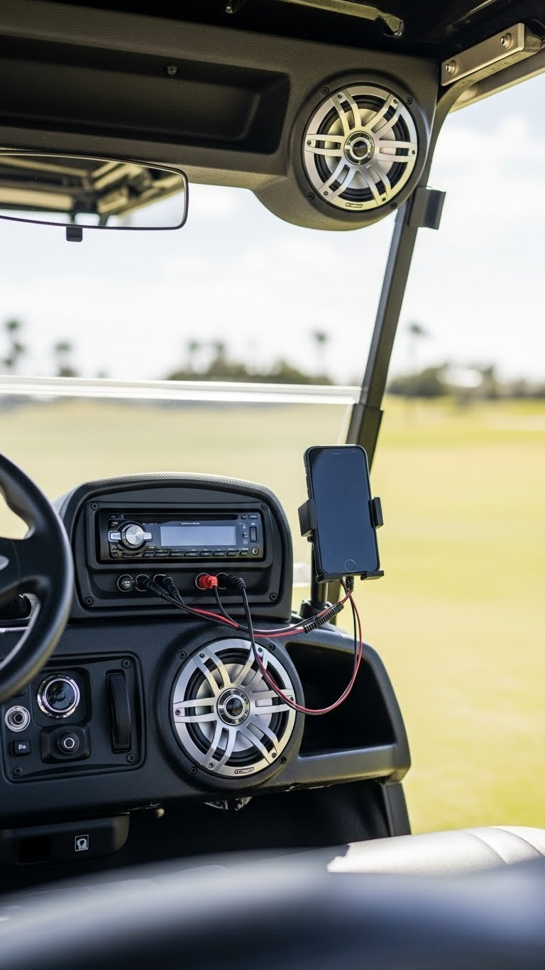 Golf Cart Interior With Marine-Grade Sound System Featuring Speakers And Head Unit Integration