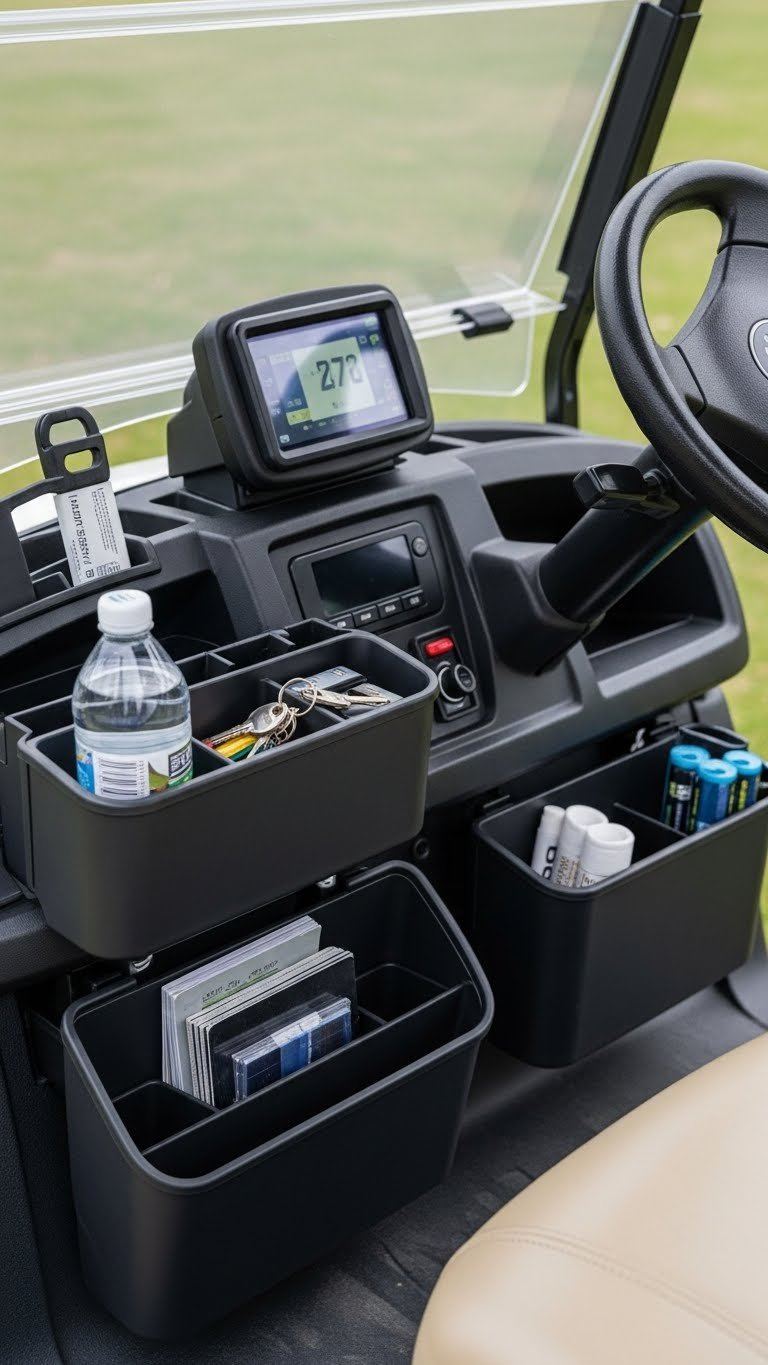 Golf Cart Interior With Organized Storage Solutions Including Dashboard Tray And Under-Seat Bins With Neatly Arranged Items.