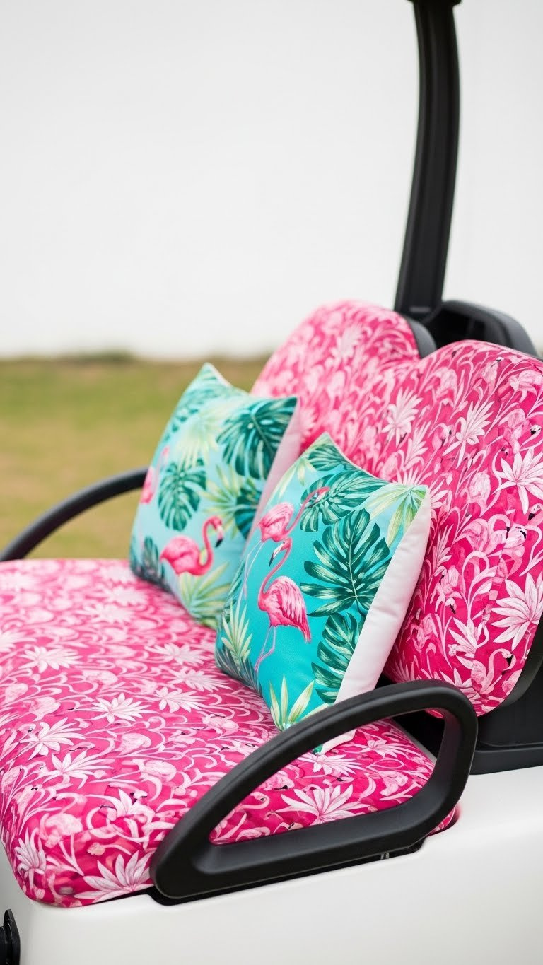 Golf Cart Interior With Vibrant Pink Tropical-Patterned Seat Covers Featuring Subtle Flamingo Motifs