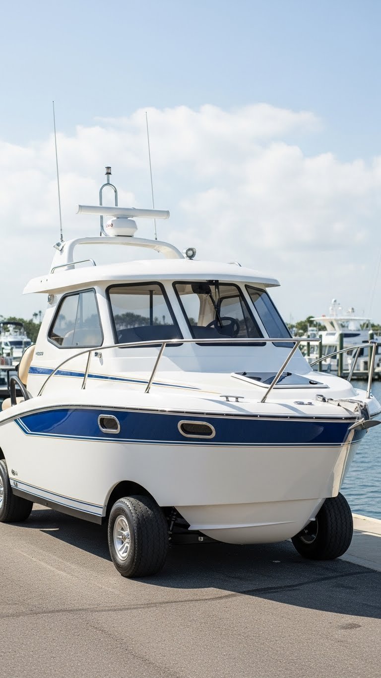 Golf Cart Modified Into Sleek Yacht With Glossy White Exterior And Blue Stripe Near Marina Dock