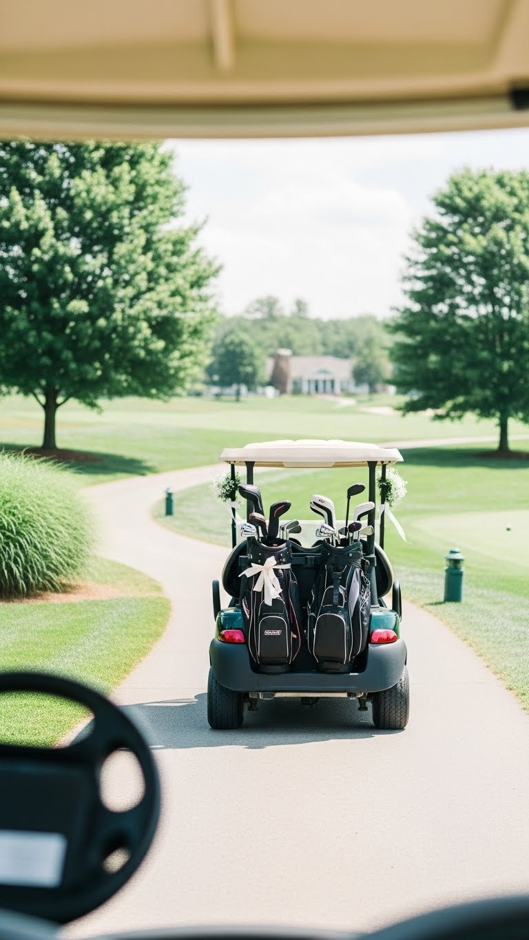Golf Cart On Winding Path Through Lush Greenery At Wedding Venue With Clear Route Ahead