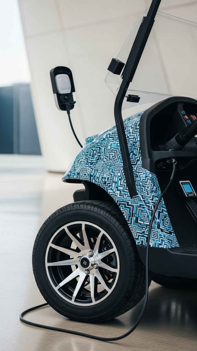 Golf Cart Panel With Intricate Digital Pattern Vinyl Wrap In Modern Garage