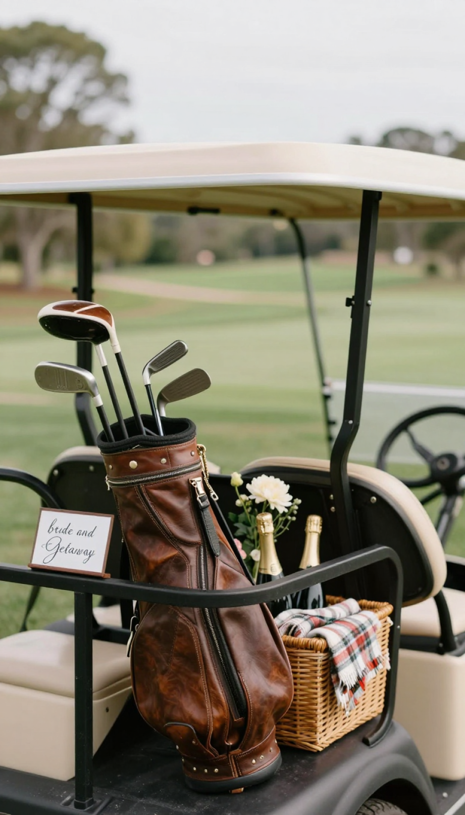 Golf Cart Photo Booth Setup With Vintage Golf Clubs And Rustic Picnic Basket For Outdoor Wedding Reception.