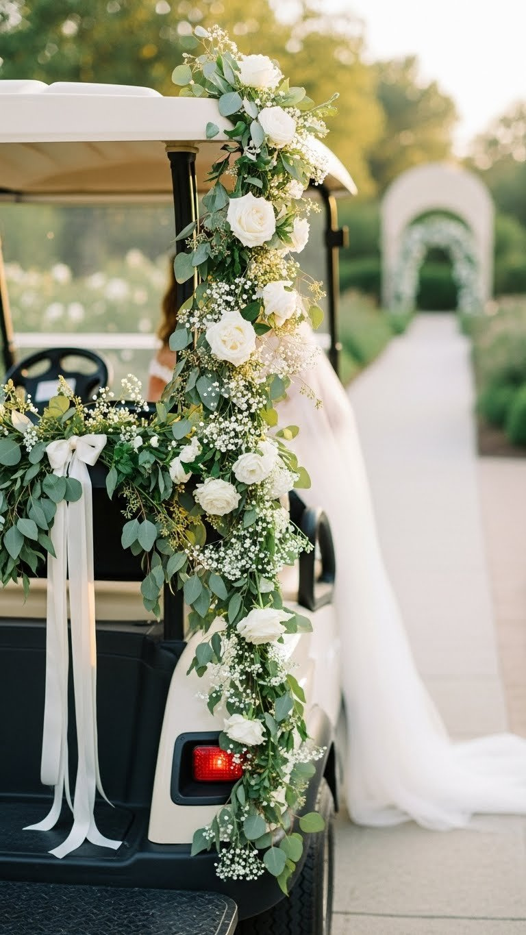 Golf Cart Rear Draped With Cascading Floral Garlands Of White Roses And Eucalyptus At Wedding Venue Garden