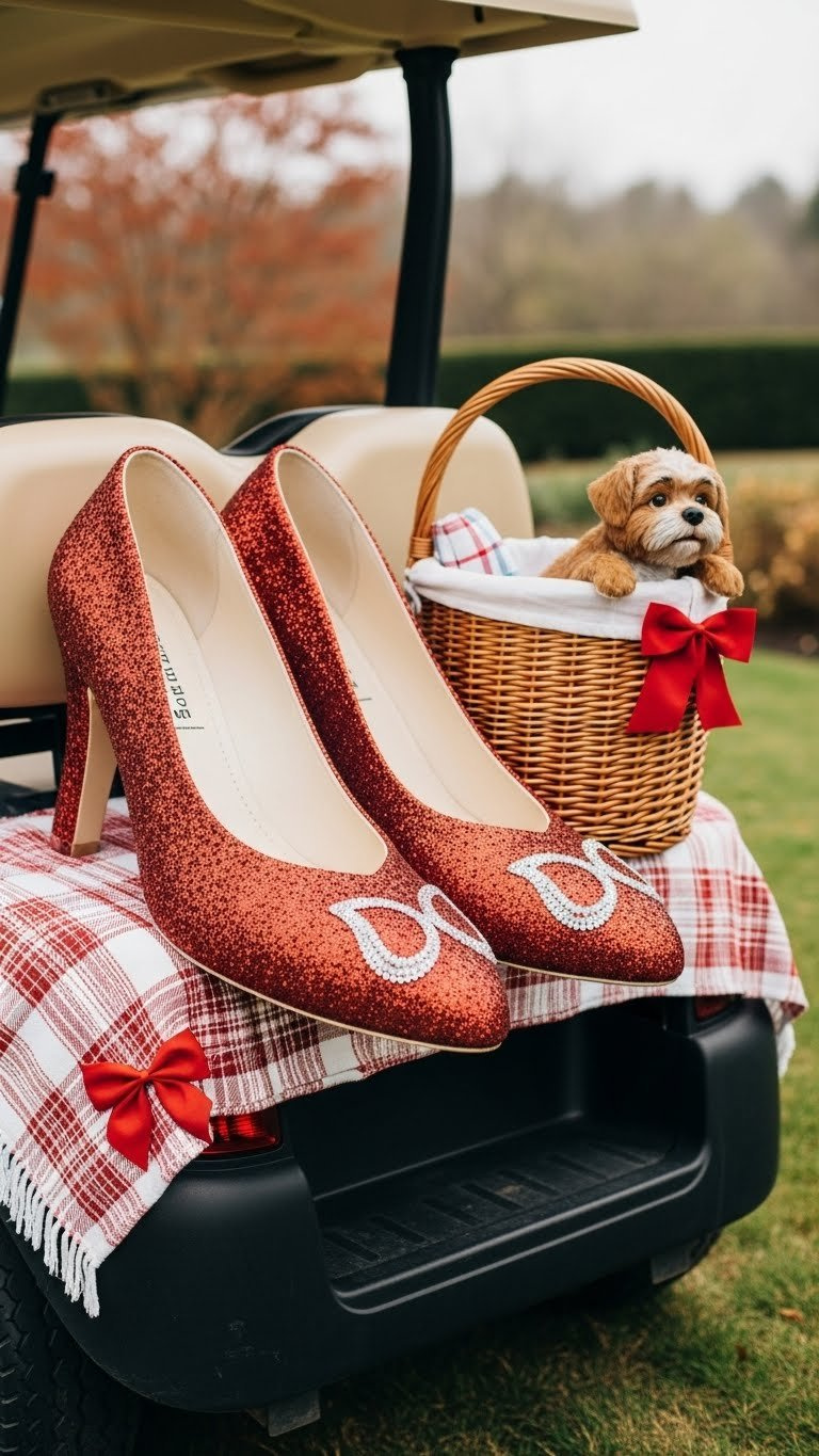 Golf Cart Rear Featuring Oversized Glittering Ruby Slippers And Wicker Basket With Fluffy Toto Dog Prop In Garden Setting