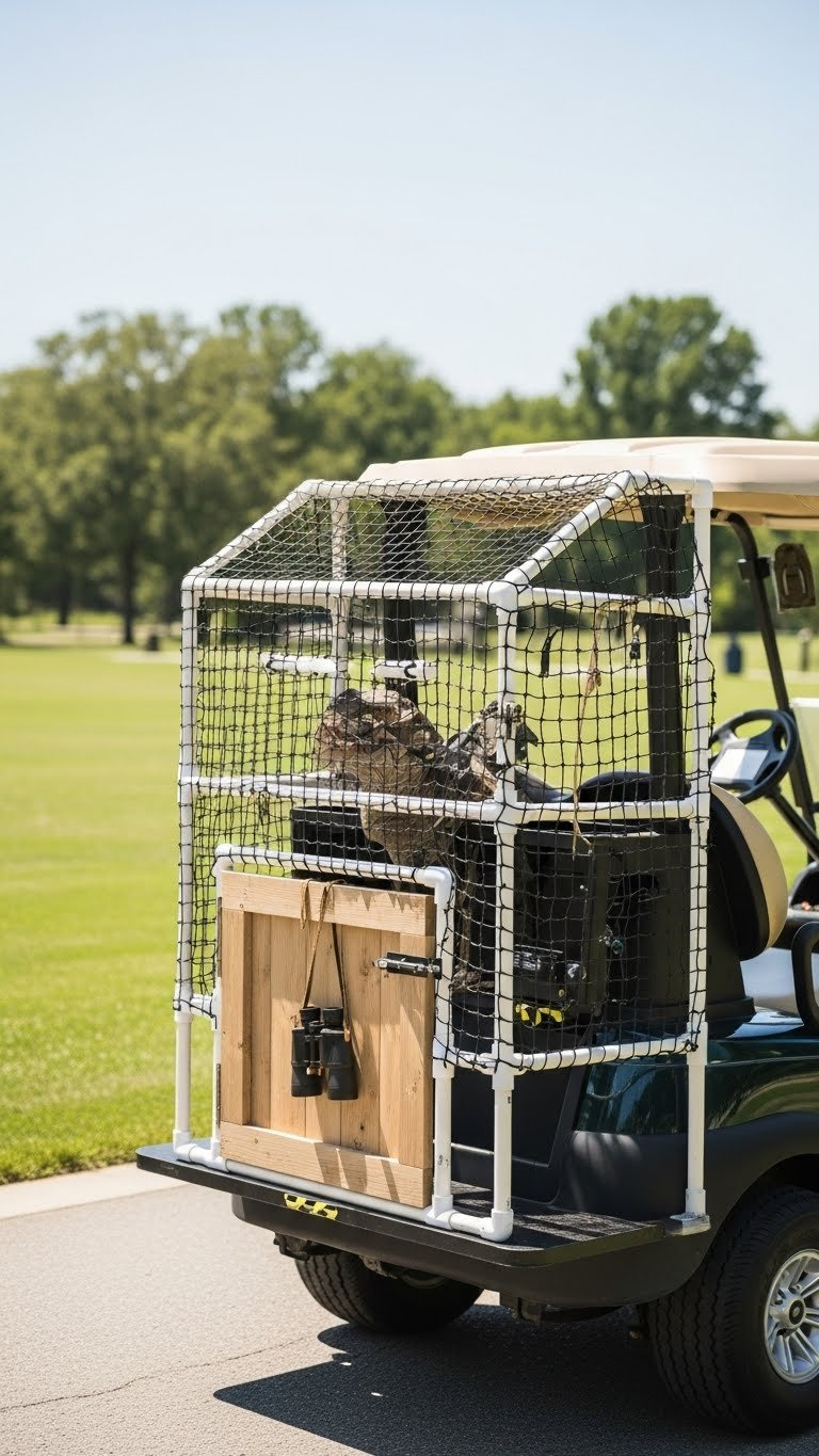 Create A Jurassic Park Golf Cart: 7 Easy Diy Ideas Golf Cart Rear Section With Diy Dinosaur Cage Enclosure Made From Pvc Pipes And Black Netting