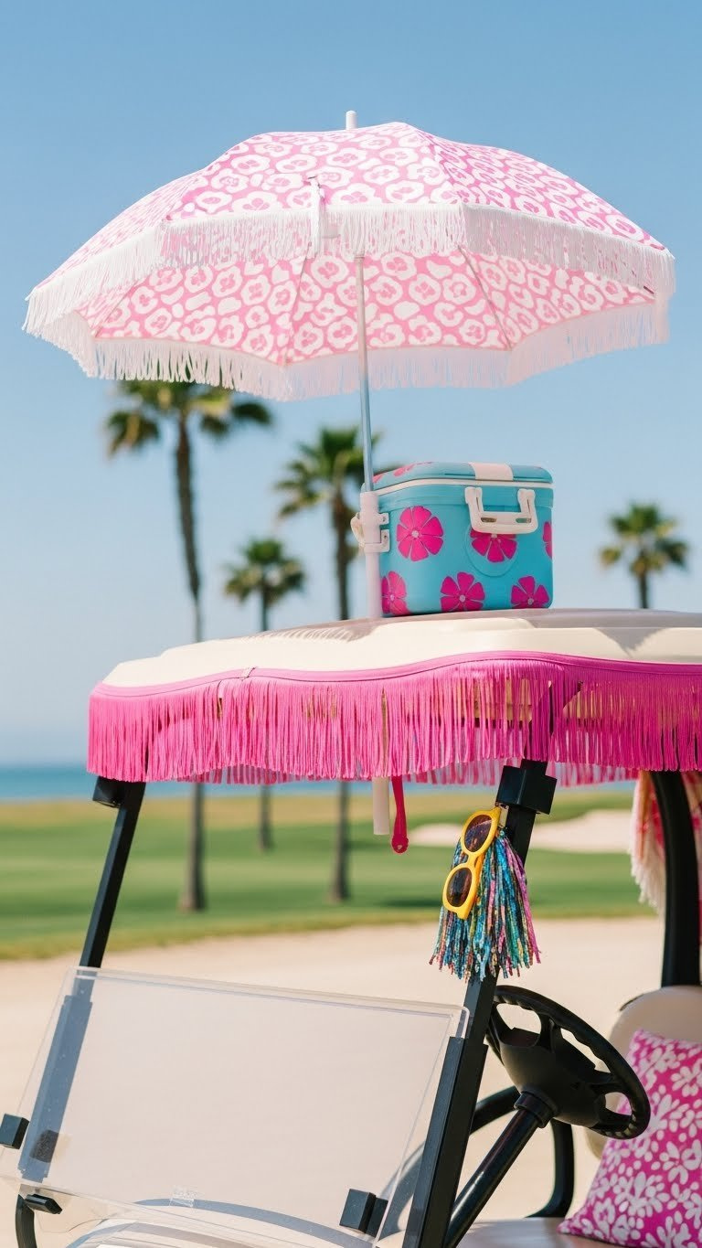 Golf Cart Roof Adorned With Retro Pink Fringe And Umbrella Creating Malibu Barbie Beach Vibe