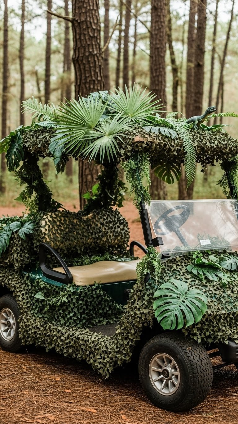 Create A Jurassic Park Golf Cart: 7 Easy Diy Ideas Golf Cart Roof And Body Covered With Dense Artificial Jungle Foliage And Tropical Vines In Natural Outdoor Setting