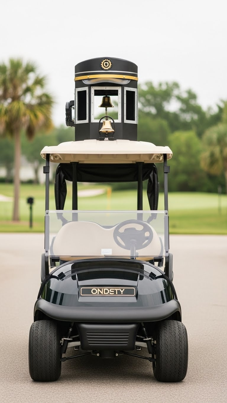 Golf Cart Roof Transformed Into Detailed Train Conductor'S Cabin With Mock-Up Windows And Smokestack On Paved Driveway