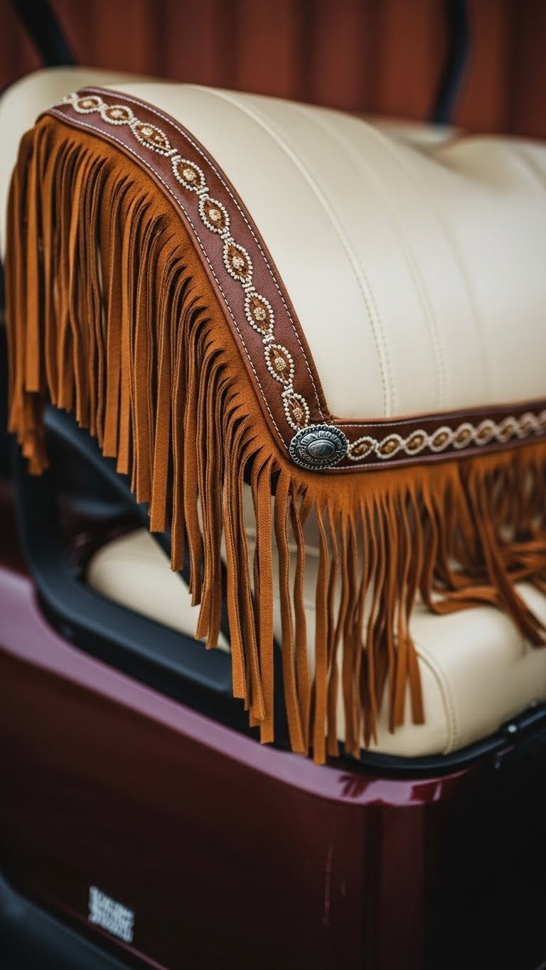 Golf Cart Seat Edge With Faux Leather Trim And Suede Fringe Detail In Cozy Interior Setting
