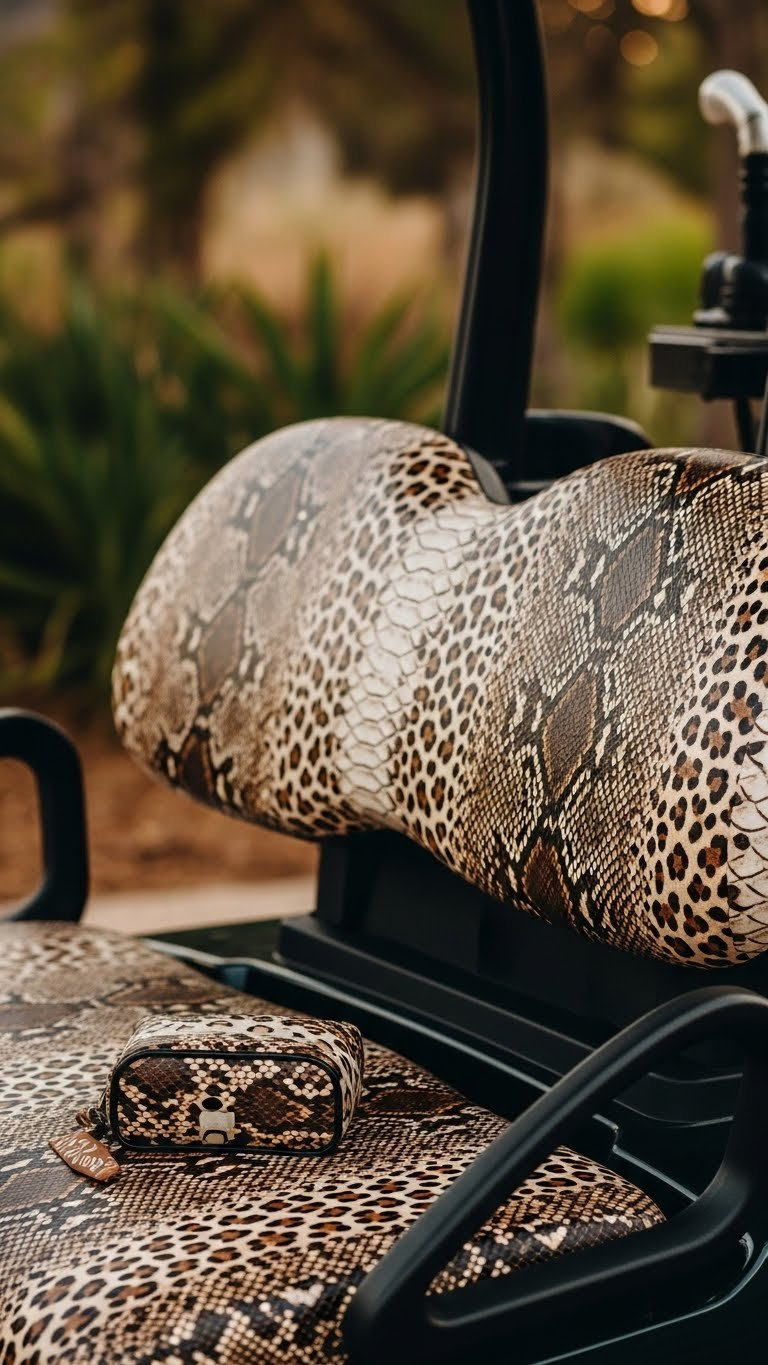 Golf Cart Seat With Textured Animal Print Vinyl Wrap In Tropical Setting