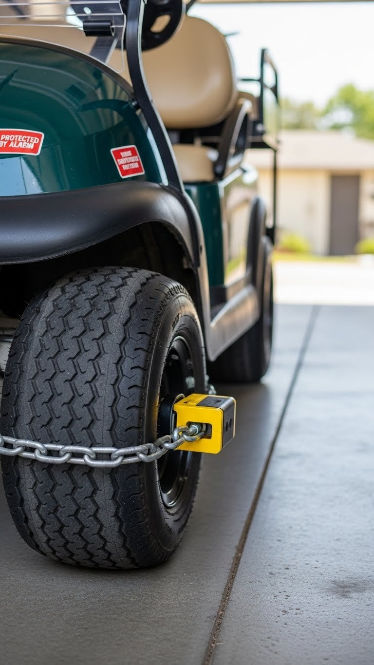 Golf Cart Security Wheel Clamp Or Chain Lock Visible On Tire In Garage Storage