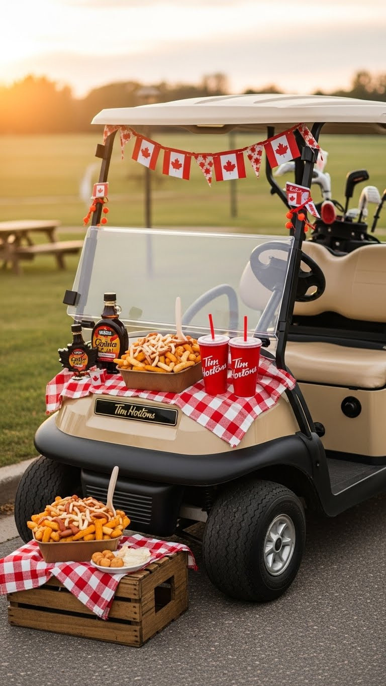 Golf Cart Showcasing Oversized Faux Poutine, Maple Syrup Bottles, And Tim Hortons Cups On Paved Community Road
