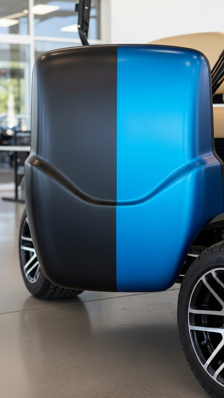 Golf Cart Showcasing Two-Tone Color Block Vinyl Wrap On Polished Concrete