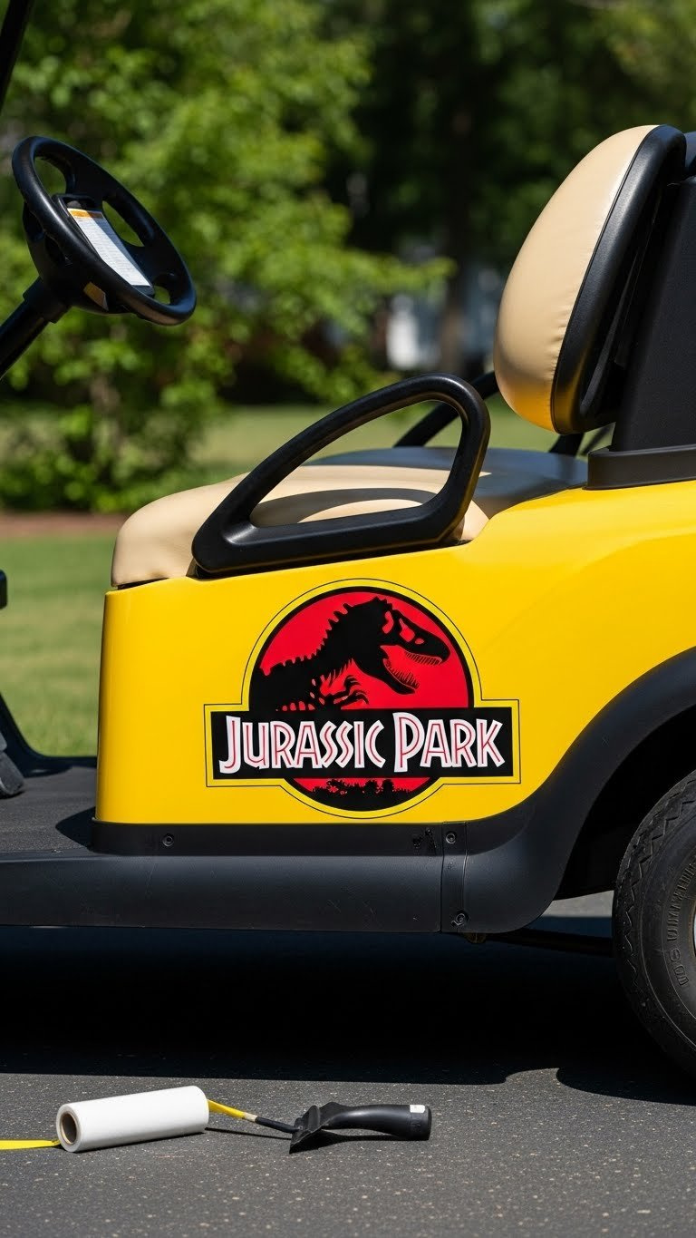 Create A Jurassic Park Golf Cart: 7 Easy Diy Ideas Golf Cart Side Panel Featuring Vibrant Jurassic Park Logo Vinyl Decal On Yellow Background In Outdoor Setting