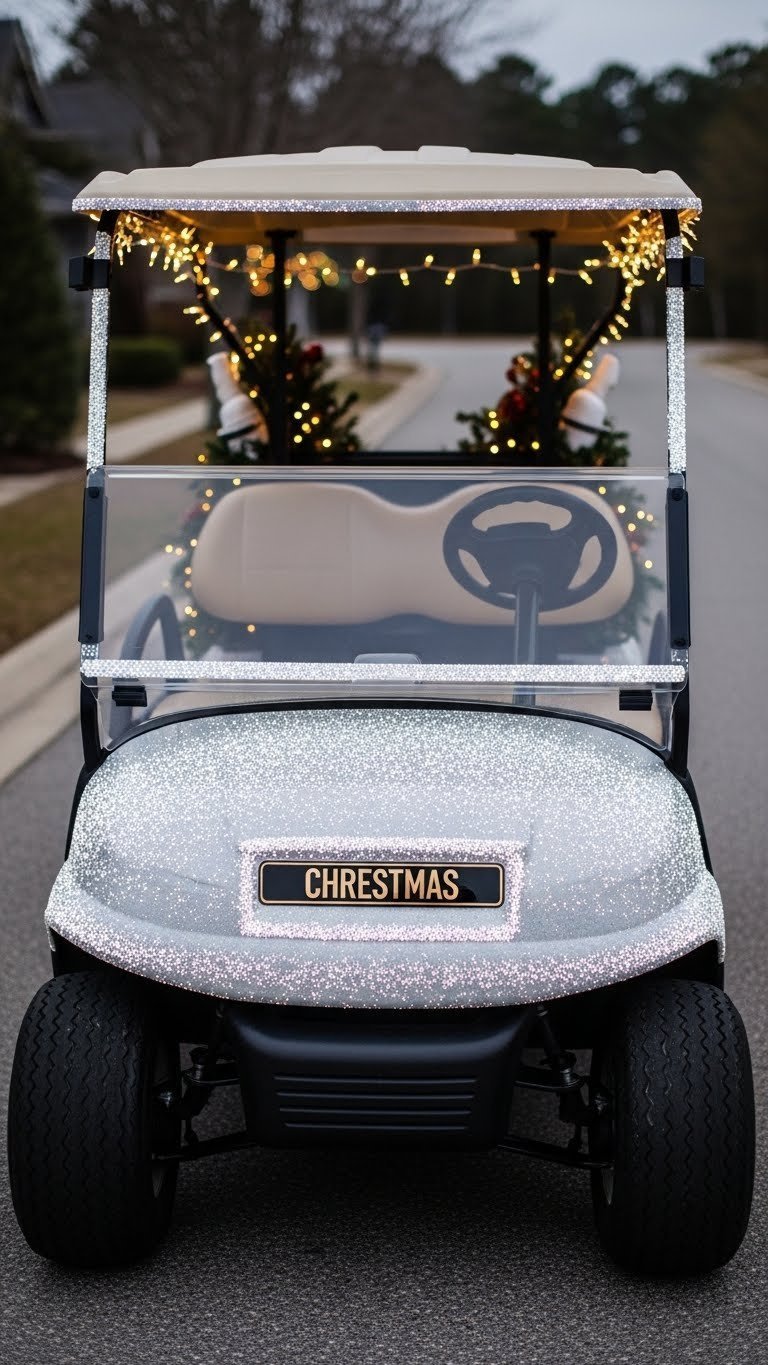 Golf Cart Subtly Enhanced With Reflective Holiday Tape And Glittery Accents For Twilight Visibility