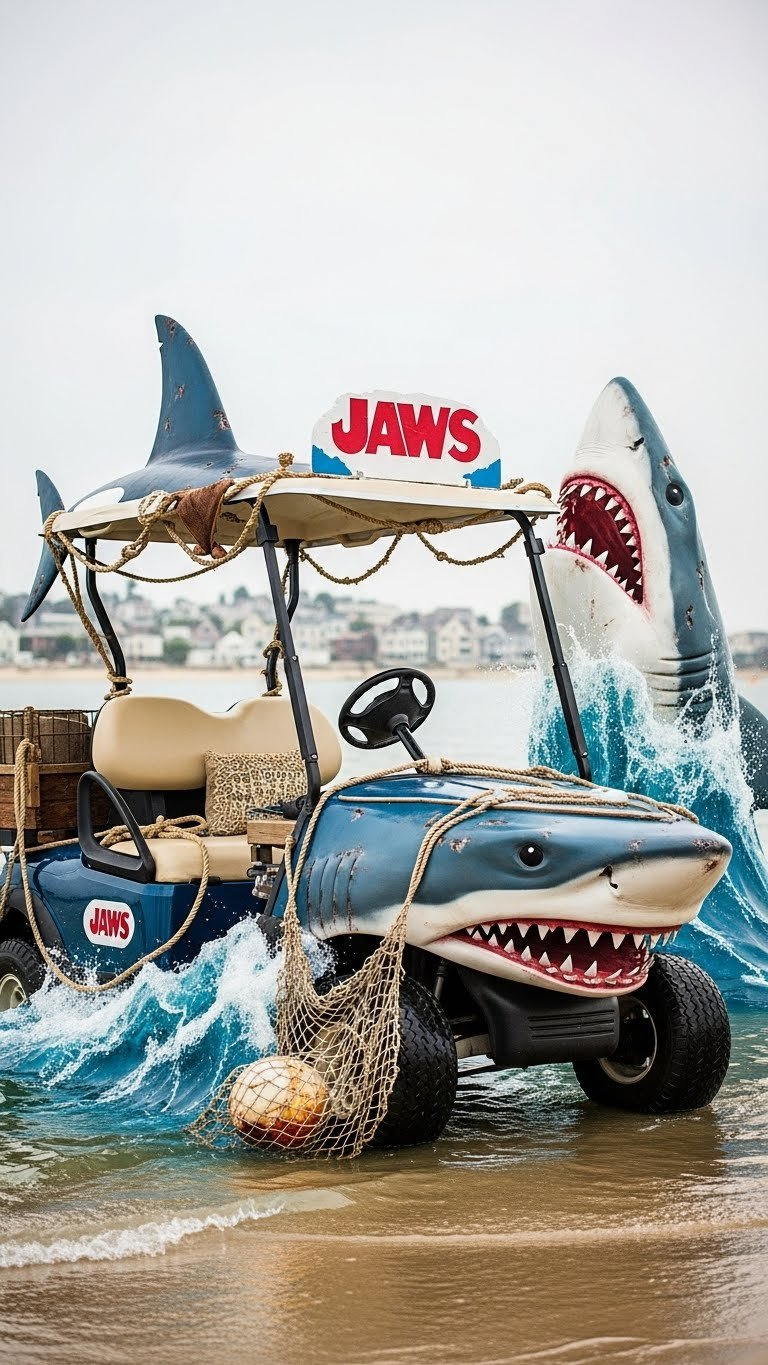 Golf Cart Themed As Jaws Orca Boat With Distressed Shark Prop And Realistic Water Splashes