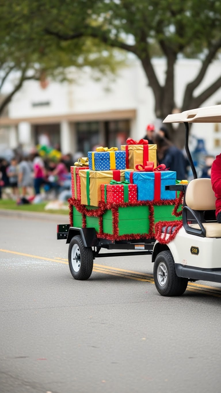 Golf Cart Towing Colorful Open-Top Freight Car Trailer Loaded With Oversized Christmas Gifts Wrapped In Vibrant Paper