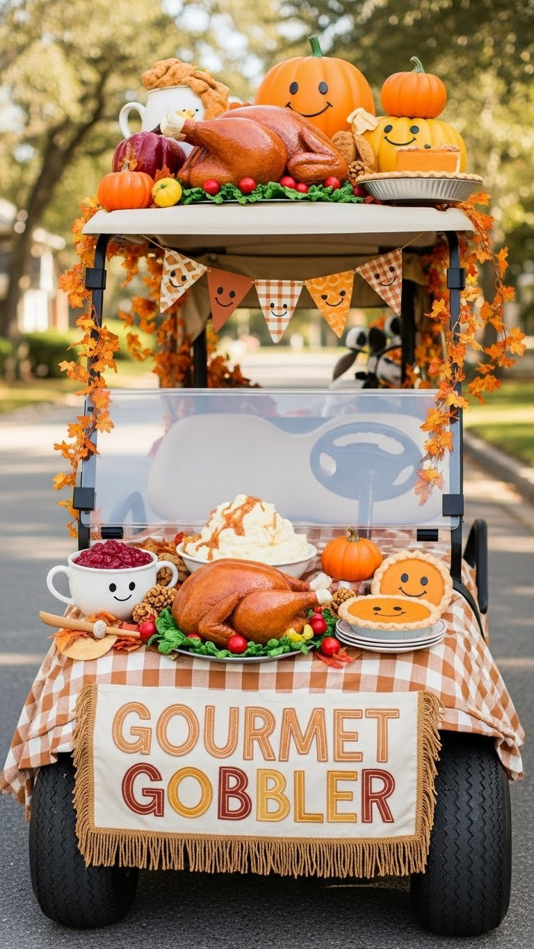 Golf Cart Transformed Into Gourmet Gobbler Display With Oversized Thanksgiving Food Props Like Turkey And Pies.