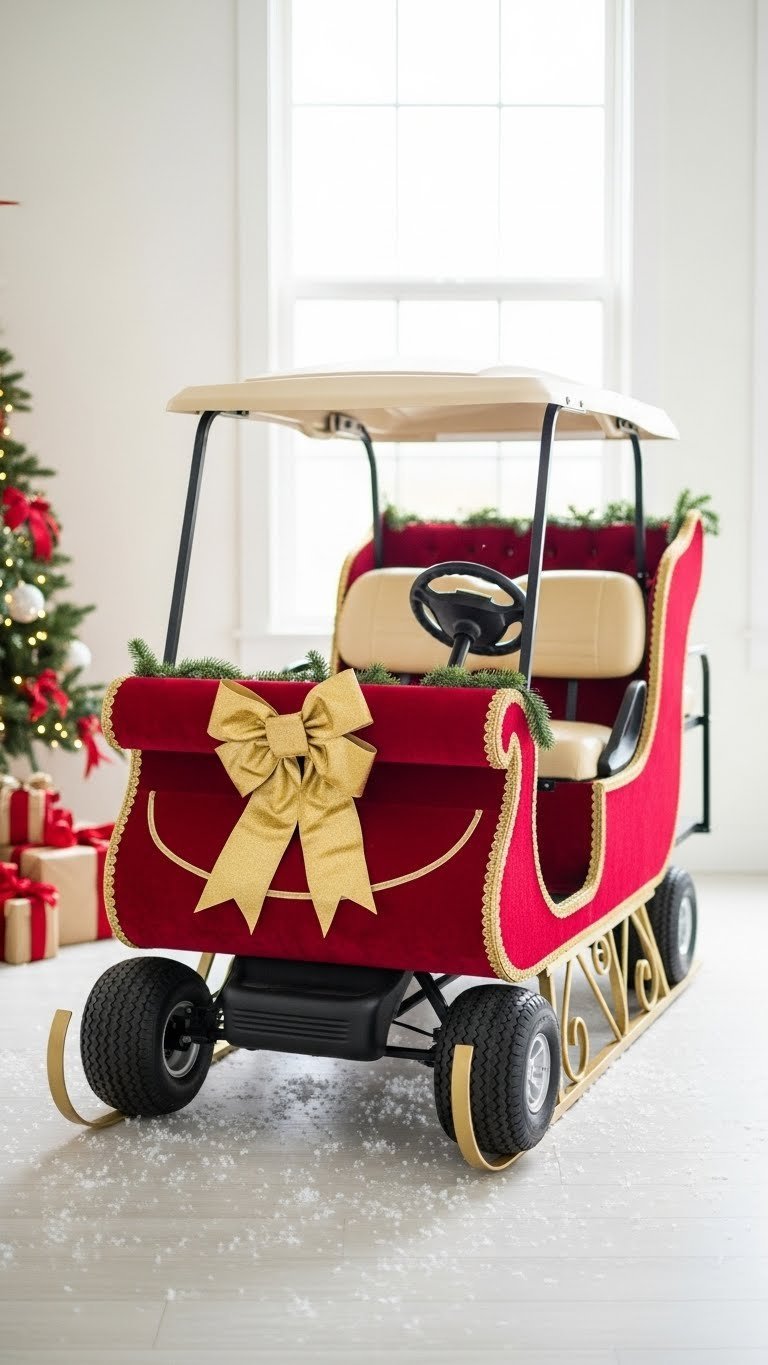Golf Cart Transformed Into Santa'S Sleigh With Rich Red Velvet Fabric, Golden Trim, And Ornate Bow Against Snowy Background