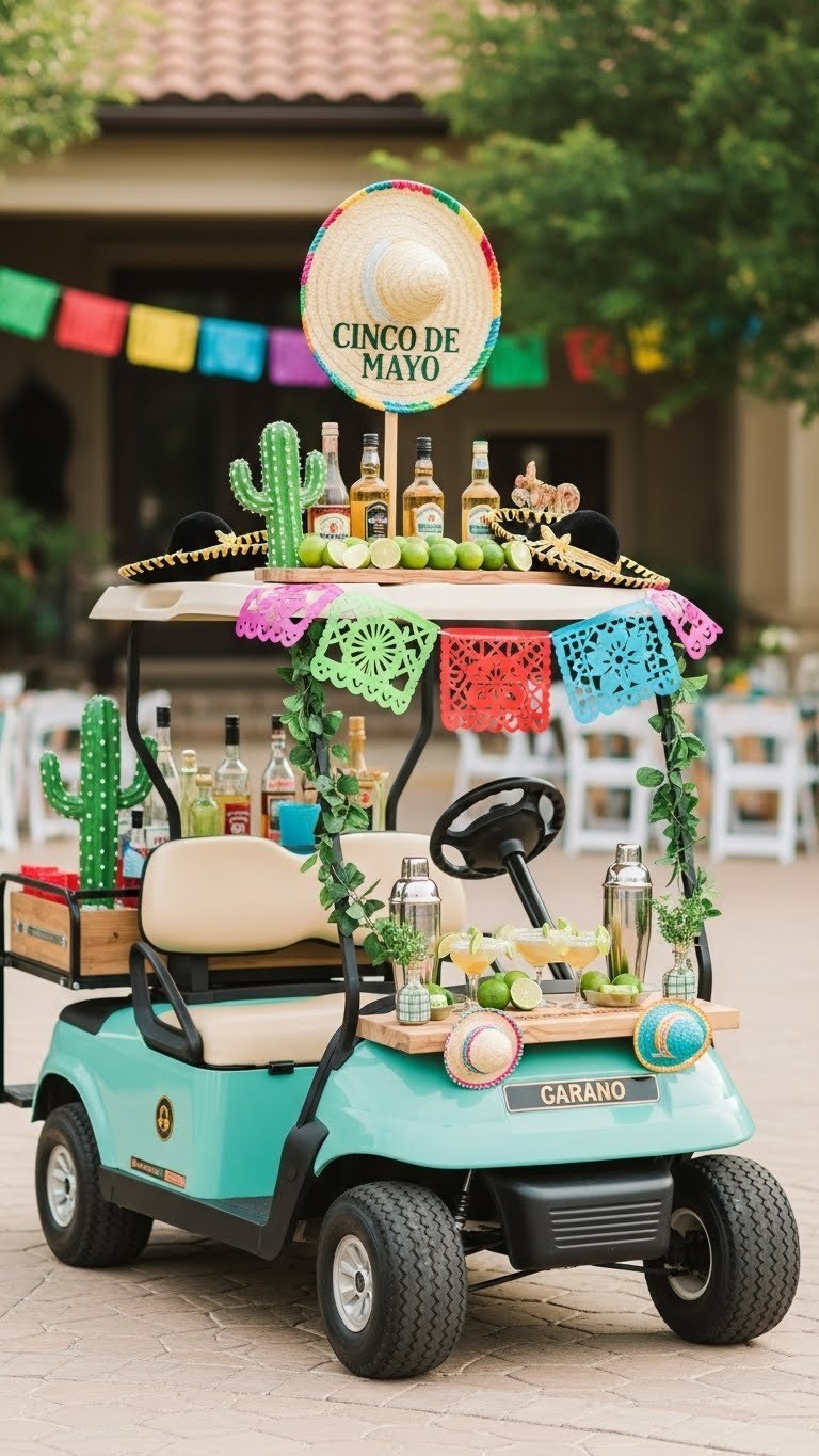 Golf Cart Transformed Into Elegant Mobile Margarita Bar With Miniature Bottles And Limes On Festive Patio