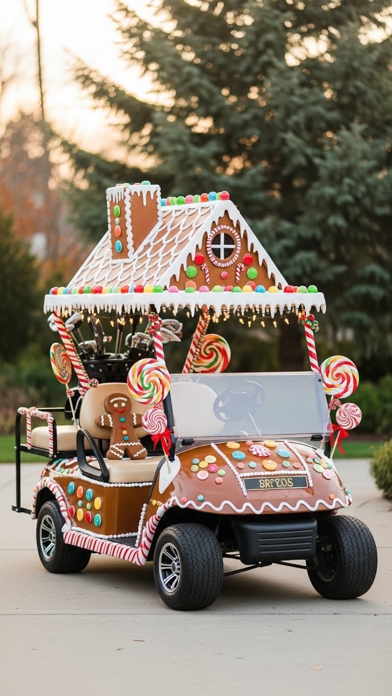 Golf Cart Transformed Into Gingerbread House With Faux Candy Canes, Gumdrops, And Warm White String Lights