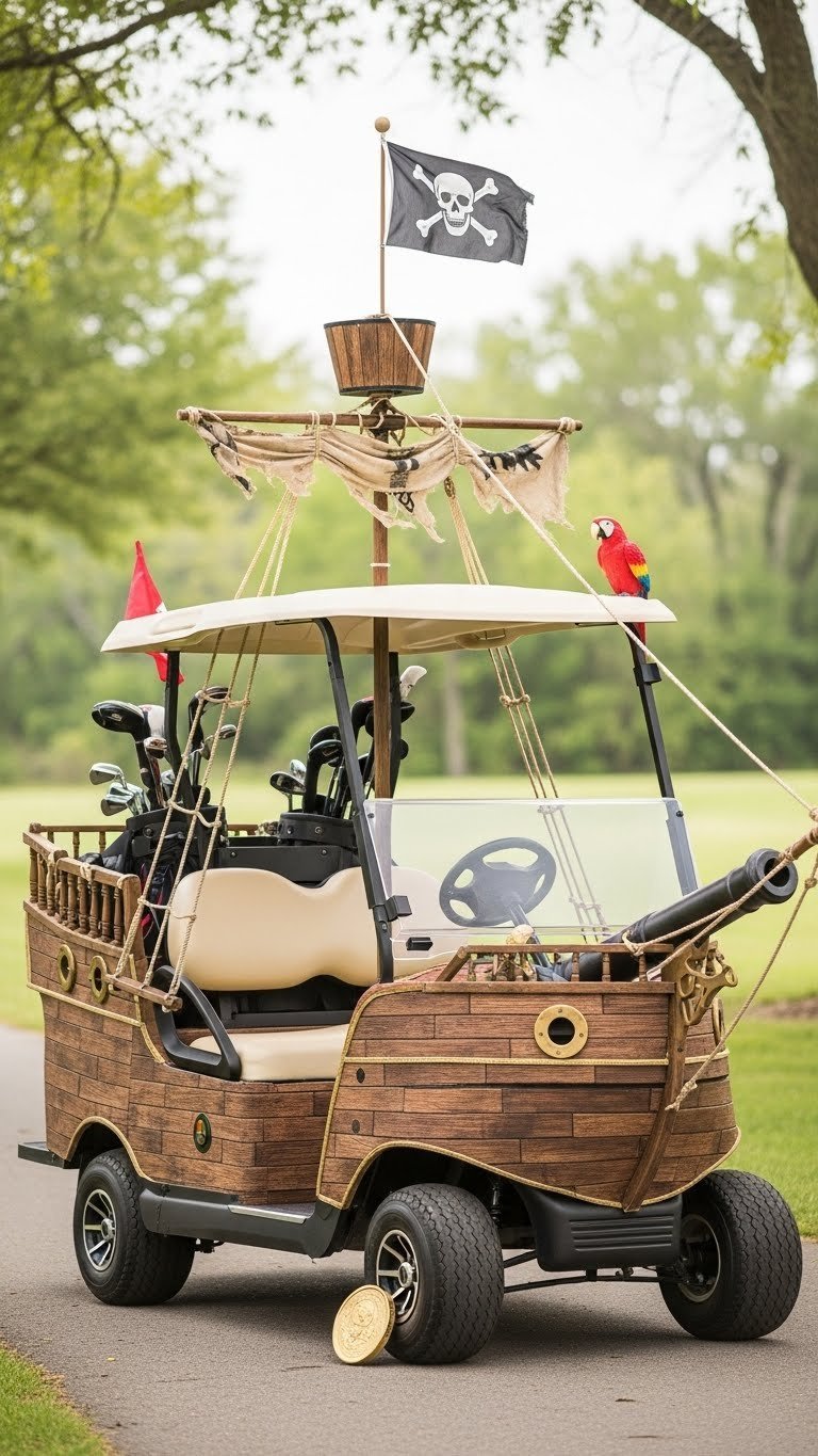 Golf Cart Transformed Into Pirate Ship With Weathered Wood Hull, Tattered Sail, Skull-And-Crossbones Flag In Park Setting