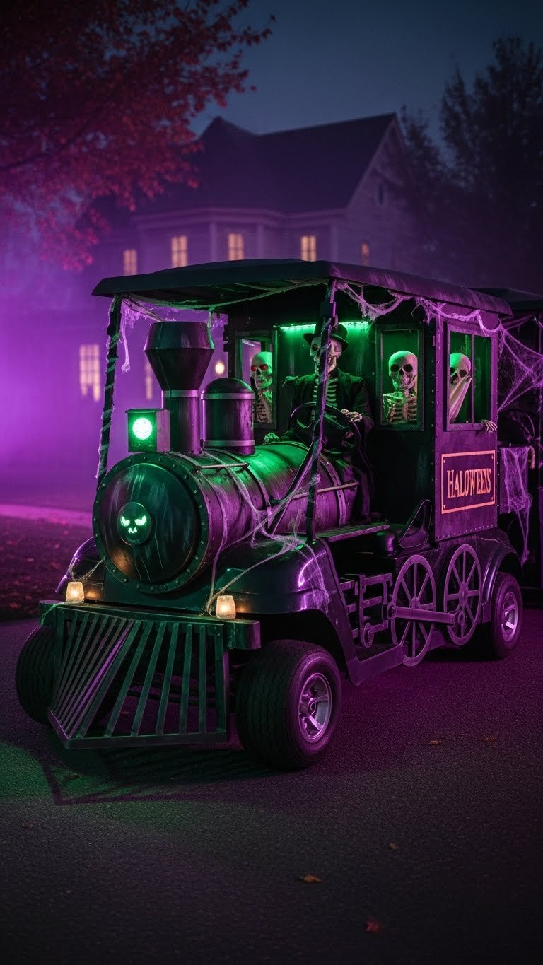 Golf Cart Transformed Into Spooky Halloween Express Train With Eerie Green Lights And Skeletal Conductor At Night