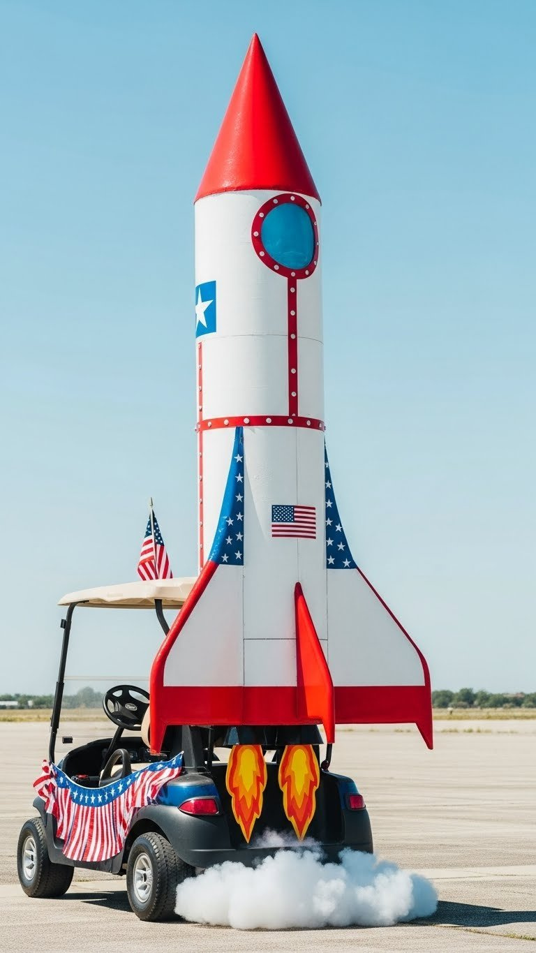 Golf Cart Transformed Into Towering Rocket Ship With Pointed Nose Cone And Fiery Exhaust Effects