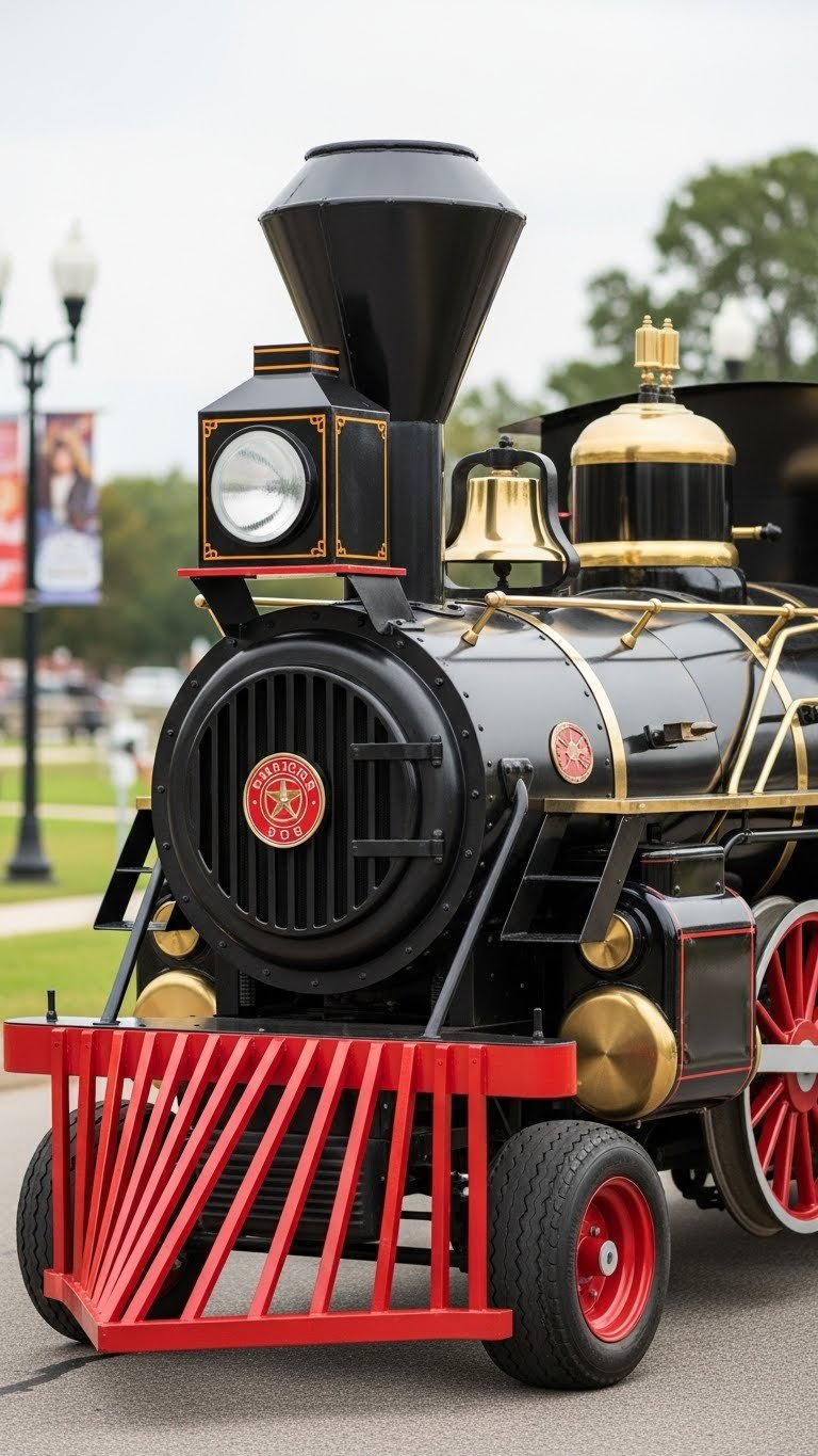 Golf Cart Transformed Into Vintage Black Steam Locomotive With Smoke Stack And Golden Bell Against Festive Parade Backdrop