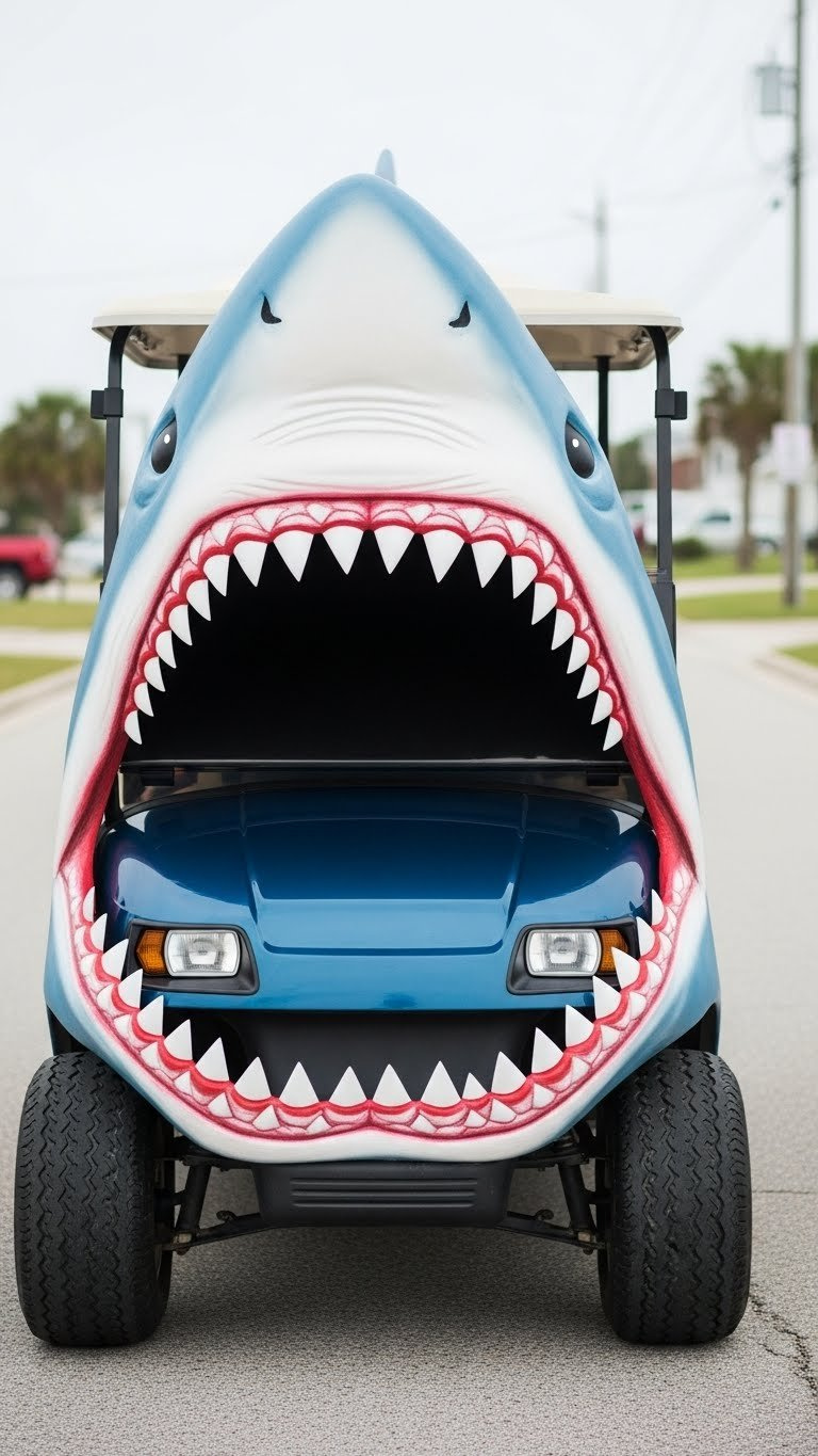 Golf Cart Transformed With Aggressive Shark Mouth Featuring Sharp Teeth And Dark Interior Against Coastal Backdrop
