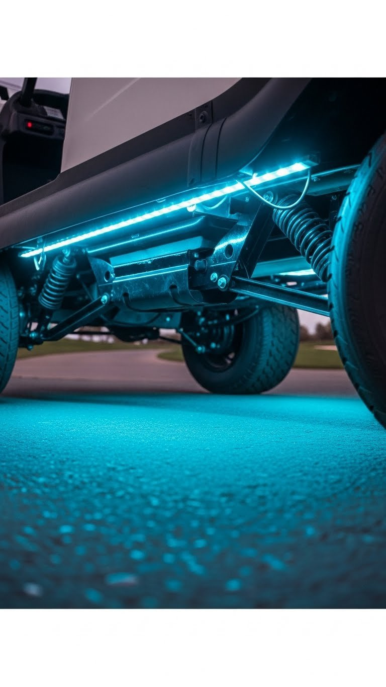 Golf Cart Underside Glowing With Vibrant Blue Led Underglow Lights Illuminating Pavement At Twilight