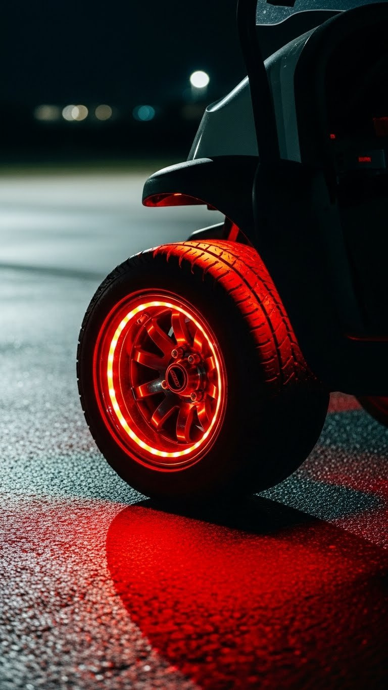 Golf Cart Wheel Glowing With Vibrant Red Led Wheel Lights Creating Halo Effect On Wet Asphalt