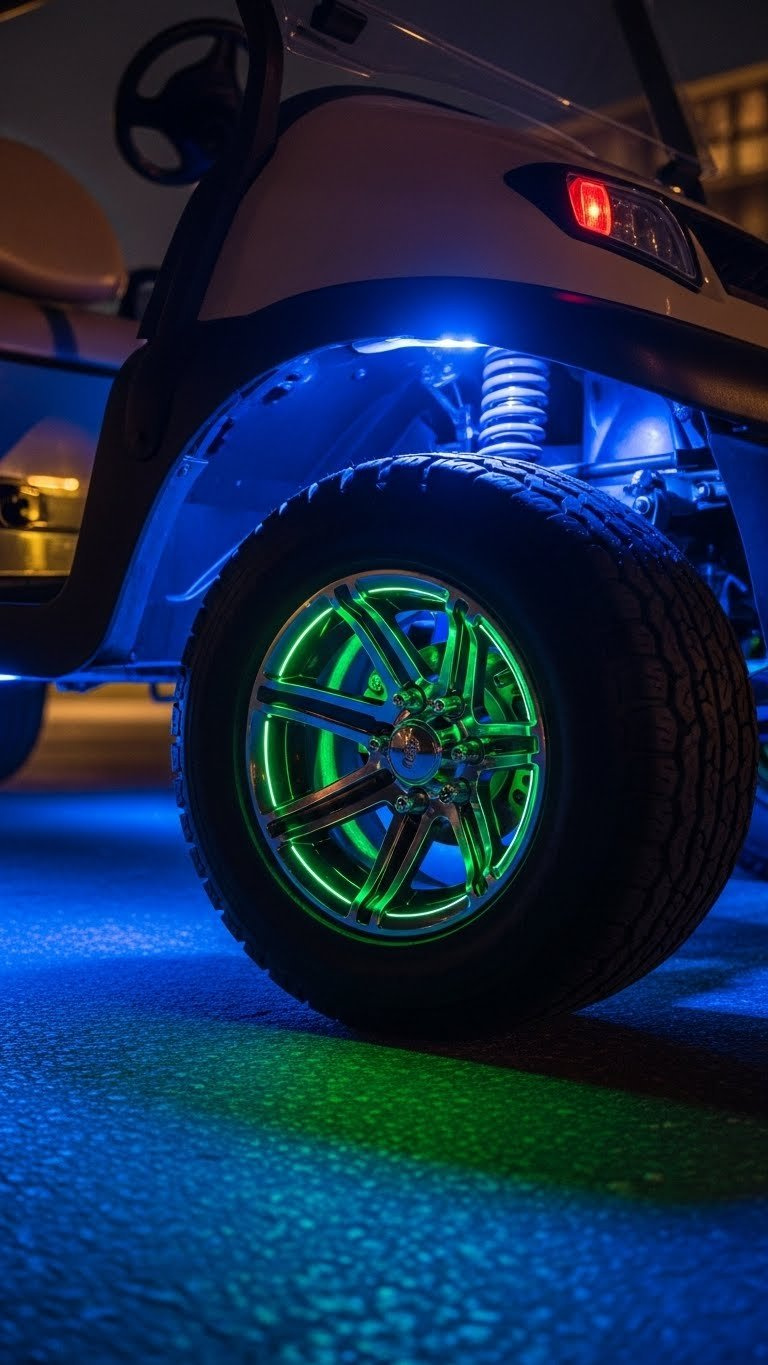 Golf Cart Wheel Well Glowing With Vibrant Color-Changing Led Accent Lights Illuminating Tire And Suspension At Night