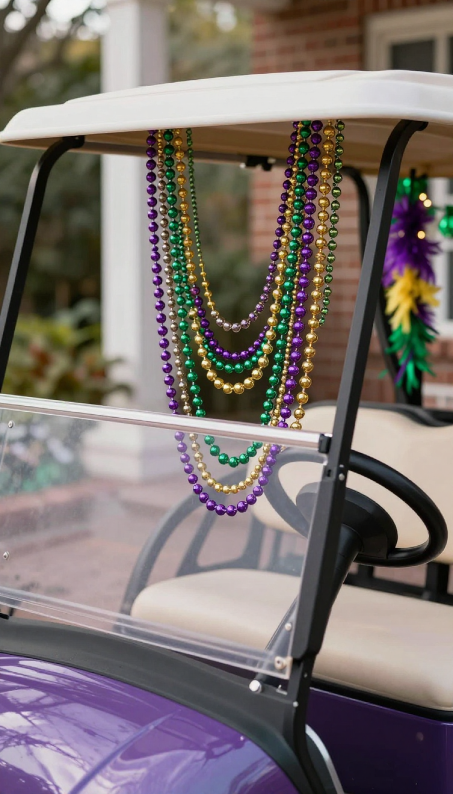 Golf Cart Windshield Draped With Shimmering Purple, Green, And Gold Mardi Gras Beads And Fabric Garlands.